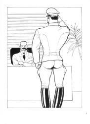 1986 2boys ass big_ass cigar gay indoors kake_(tom_of_finland) male male_only monochrome moustache muscular office original plant tight_clothing tom_of_finland traditional_media yaoi