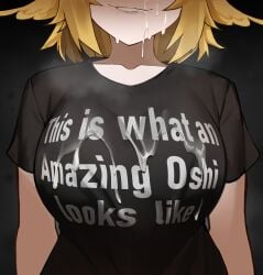 1girl absurdres alternate_breast_size_(larger) blonde_hair breasts commentary cum cum_on_body cum_on_breasts dokibird dokibird_(bounty_hunter) english_commentary facial feather_hair grey_background grin h000000mpa highres indie_virtual_youtuber large_breasts meme shirt short_hair smile solo this_is_what_an_amazing_mom_looks_like virtual_youtuber
