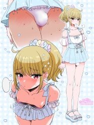 1boy :o androgynous ankle_strap_heels arms_behind_back bare_shoulders below_view bent_over blonde_hair blue_skirt blush_lines bow_panties bracelet bracelets bulge bulge_through_clothing collarbone cowboy_shot crossdressing dress ears embarrassed eyebrows_visible_through_hair femboy feminine_male fingernails flower flower_in_hair footwear_fetish frilled_dress frilled_panties girly groin hair_ornament hands_behind_back heart_symbol inverted_nipples japanese_text looking_at_viewer looking_sideways loose_dress male male_focus male_only medium_hair miniskirt multiple_views nagano_rira nail_polish nipples original panties pattern_dress pleated_skirt ponytail portrait red_eyes scrunchie shadow shoes short_sleeves sidelocks simple_background solo solo_male standing striped_background sweat sweatdrop toenail_polish toenails tsundere twitter_username under_skirt_view underwear username very_high_resolution viewed_from_above wedge_heels white_background white_panties white_underwear wispy_bangs zoom_layer