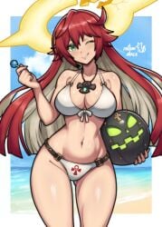 1girl ;q absurdres adapted_costume ankh_necklace bare_arms bare_shoulders bikini blunt_ends border breasts broken_halo candy commentary commission cowboy_shot dorpos english_commentary food front-tie_bikini_top front-tie_top gluteal_fold green_eyes grey_hair guilty_gear guilty_gear_strive hair_between_eyes hair_spread_out halo highres holding holding_candy holding_food holding_lollipop jack-o'_valentine ko-fi_commission large_breasts light_blush lollipop long_hair looking_at_viewer multicolored_hair navel one_eye_closed outside_border red_hair rotomdocs solo standing stomach swimsuit tongue tongue_out two-tone_hair very_long_hair white_bikini white_border yellow_halo