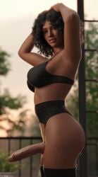 1futa 3d 3d_(artwork) 3d_model 3d_render 3dcg 3dx arm_behind_head armpits arms_up black_hair bra brown_eyes curly_hair dark-skinned_futa dark_skin futanari garter_belt garter_straps laura_(skykliker) looking_at_viewer original_character skykliker smiling_at_viewer solo solo_focus solo_futa testicles trans_woman transfem veiny_penis