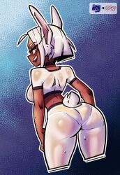 1girls 2026 artist_name ass azraq_shinji_(azraqshinji) back_view bob_cut boku_no_hero_academia breasts choker clothed clothed_female clothing collaboration cowboy_shot curvaceous curvy dark-skinned_female dark_skin dutch_angle female female_only fully_clothed hair hi_res hourglass_figure humanoid kemonomimi lagomorph lagomorph_humanoid looking_at_viewer looking_back looking_back_at_viewer mammal mammal_humanoid medium_breasts medium_hair miruko my_hero_academia open_mouth pantylines parallaxfused parted_bangs rabbit rabbit_ears rabbit_girl rabbit_humanoid rabbit_tail red_eyes rumi_usagiyama simple_background skin_tight smile smiling smiling_at_viewer solo sportswear standing sweat sweatdrop sweating sweaty sweaty_body sweaty_thighs tail teeth thighs white_clothing white_hair