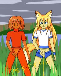 2boys anthro blue_eyes cat_ears daceking femboy furry furry_male male_only medium_penis original original_characters outdoors peeing peeing_on_grass penis steam urination