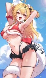 1girl absurdres alternate_costume armpits bikini black_bikini blonde_hair blue_sky breasts chalky_(zenless_zone_zero) cissia_(zenless_zone_zero) commentary_request day fangs highres large_breasts looking_at_viewer navel open_mouth red_bikini red_eyes sky snake snake_girl snake_tail solo stomach swimsuit tail tongue tongue_out wading white_snake white_tail yuna_(deadawon) zenless_zone_zero