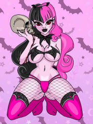 1girls ass blood_stain breasts_squeezed_together clothes_barely_covering draculaura draculaura_g3 fangs female female_only fishnets huge_breasts lingerie lingerie_only looking_at_viewer monster_girl monster_high monster_high_g3 multicolored_hair pink_skin pointy_ears ravennacreates skimpy skimpy_clothes skimpy_outfit skull split-color_hair thick_thighs thighhighs thighs thin_waist vampire vampire_girl whored_out