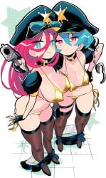 gashi-gashi uejini original original_character tagme 2girls police police_uniform pink_hair long_hair looking_at_viewer sharp_teeth blue_eyes headgear earrings blush sweat sweatdrop bikini bikini_top breasts skirt slim_waist wide_hips thick_thighs stockings voluptuous viewed_from_below looking_down gloves holding_object gun blue_hair short_hair pink_eyes gold_bikini golden_bikini