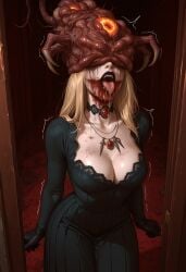 1girls ai_generated bela_dimitrescu black_lipstick blonde_hair blood_on_face breasts capcom civitai cleavage dress female futazealot light-skinned_female light_skin medium_breasts open_mouth parasite resident_evil resident_evil_8:_village running_mascara tagme_(character) tongue tongue_out trembling vampire vampire_girl