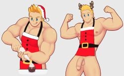 1boy apron baking balls ballsack biceps buff buff_male christmas christmas_outfit cock dick flexing flexing_arms flexing_biceps frosting light-skinned_male looking_at_viewer male male_only mirio_togata muscular muscular_male my_hero_academia penis serperoir solo white_cream