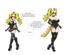 bowsette_jr. bowsette knee_boots skirt wink skinsuit twintails lipstick cleavage huge_breasts elbow_gloves fingerless_gloves multicolored_hair speech_bubble ass big_breasts blonde_hair blue_eyes bodysuit bowser bowser_jr. breasts disguise disguised_male female female_skinsuit full_body high_heel_boots high_heels parent_and_child male_in_female_body mario_(series) new_super_mario_bros._u_deluxe perfect_disguise red_hair super_mario_bros. tail thick_thighs thigh_boots thighhigh_boots thighhighs horns twilight_jester
