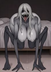 1girl 1girls ai_generated blank_eyes breasts breedable creepy dark_skin dripping female female_focus female_only front_view full_body goonable gray_skin humanoid large_breasts long_arms long_hair long_legs long_limbs long_tongue monster_girl mrnails multicolored_body naked naked_female nipples saliva scary sharp_teeth simple_background solo solo_female white_hair