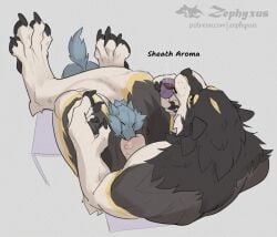 2026 animal_genitalia anthro biped black_body black_fur canid canine canis claws digital_media_(artwork) dominant duo favonius finger_claws fur genitals grey_body grey_fur larger_dom larger_male leg_wrap male male/male mammal multicolored_body multicolored_fur mythological_canine mythological_creature mythology pawpads sheath sheath_play sheath_sniffing size_difference smaller_male sniffing snout_in_sheath toe_claws werecanid werecanine werecreature werewolf white_body white_fur wolf yellow_body yellow_fur zephyxus