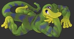 absurd_res anthro gecko gex_(series) gex_the_gecko green_body green_skin hi_res lighter_feet lighter_palms lizard long_tail lying lying_on_ground male muscular muscular_arms muscular_legs muscular_male narrowed_eyes nude_male on_front on_ground purple_stripes ravuer rear_view reptile scalie short short_male simple_background smile smirk solo striped_body striped_skin stripes tail