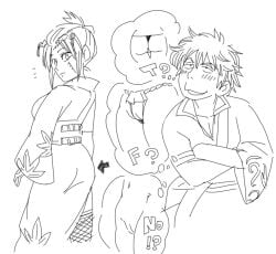 pervert imagining fantasizing female male 1girls gintama 1boy gintoki_sakata tsukuyo monochrome sketch fundoshi thong pussy kimono isami_meena smile blush thought_bubble cameltoe