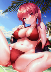 1girls 2021 absurdres arrow_through_heart bangs bare_shoulders beach bikini blush breasts cleavage closed_mouth cloud collarbone day eyebrows_visible_through_hair female female_focus female_only groin hand_on_own_chest heterochromia highres hololive hololive_fantasy hololive_japan houshou_marine jacket kakikurui large_breasts long_hair looking_at_viewer navel ocean off_shoulder open_clothes open_jacket outdoors red_bikini red_eyes red_hair ribbon sitting sky smile solo solo_female swimsuit thighs twintails virtual_youtuber water wet yellow_eyes