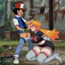 1boy 1girls ai_generated arms_behind_back ash_ketchum big_ass big_breasts blackroga cassidy_(pokemon) clothed cocky defeated defeated_villainess dickslap game_freak hands_behind_back maledom milf nintendo penis_slap penis_slapping_face pokemon pokemon_anime slapping_with_penis submissive_female team_rocket team_rocket_uniform thick_thighs voluptuous