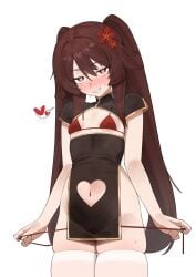 1girls breasts female female_focus female_only flasso genshin_impact hu_tao_(genshin_impact) light-skinned_female light_skin looking_at_viewer small_breasts solo thick_thighs thighhighs thighs twintails white_background