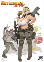 1boy 1girls blonde_hair breasts clothed clothed_female clothing crazyred eating eri_kasamoto female hamburger huge_breasts metal_slug military_uniform no_nudity pinup slightly_chubby tagme tank_top zombie