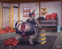 absurd_res accessory anal animal_genitalia animal_penis anthro anus asinus balls barbell basement big_balls big_butt blarf blue_eyes blue_hair blush bodily_fluids bottomwear butt buttplug clothing dialogue don_(blarf) donkey drooling equid equine equine_anus equine_genitalia equine_penis exercise fart flaccid gaping gaping_anus genital_fluids genitals grey_body gym hair headband hi_res hooves huge_butt leaning leaning_forward long_ears loose_anus lube_bottle male mammal musk overweight penis plug_(sex_toy) precum presenting presenting_hindquarters puffy_anus rear_view saliva sex_toy solo steam stretching sweat sweatband sweaty_body sweaty_butt tagme tail tears thick_thighs torn_bottomwear torn_clothing unitard warm wide_hips workout wristband