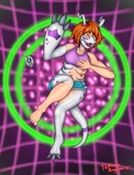 absurd_res anthro bandai_namco breasts digimon digimon_(species) female gomamon green_eyes hair hi_res masturbation mid_transformation multi_breast orange_hair solo species_transformation technology thephantompornographer transformation