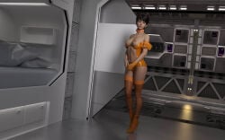 3d 3d_(artwork) bare_shoulders brown_hair_female character_request choker cleavage collarbone erect_nipples exposed_breasts female female_only high_heels highres large_breasts mature_woman navel orange_choker orange_glove orange_high_heels orange_panties orange_stockings orange_thighhighs orange_underwear original posing short_hair short_hair_female standing tomboyish vitamindddd