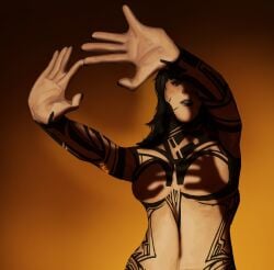 1girl 2d armpits artist_request belly belly_button black_hair black_lipstick breasts busty call_of_duty emma_kagan eyeshadow female female_focus female_only hands_casting_shadow hands_up hourglass_figure light-skinned_female light_skin looking_at_viewer makeup meme nude nude_female palms shadow simple_background tattoo wide_hips