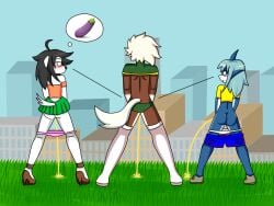 1unknown 2girls ass back blanche_(daceking) borrowed_character daceking furry implied_penis original original_characters outdoor_nudity outdoors peeing peeing_on_grass penis_awe randal_drake standing tammy_(daceking) urination