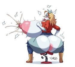 absurd_res anthro anus areola arms_bent artist_name bent_legs big_anus big_areola big_breasts big_butt big_nipples blonde_eyebrows blonde_hair blue_bottomwear blue_clothing blue_pants blush bodily_fluids boots bottomwear breast_milking breasts broken_chair broken_stool butt butt_expansion clothing digital_media_(artwork) digitigrade expansion eyebrows eyelashes female female_anthro footwear full-length_portrait hair hand_on_hip hi_res huge_breasts huge_butt hyper hyper_breasts ippan_josei junfreaky lactating looking_pleasured mammal mostly_nude_anthro mostly_nude_female multicolored_body my_hero_academia nipples open_mouth pants portrait quirked_human_(my_hero_academia) red_clothing red_eyelashes red_shirt red_topwear shaded shirt shoes simple_background snout solo source_request sweat teal_body text tongue tongue_out topwear torn_bottomwear torn_clothing torn_pants torn_shirt torn_topwear two_tone_body white_background white_body