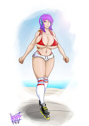 backpack big_breasts bikini_top booty_shorts female female_only headphones hourglass_figure kogeikun long_hair nipple_bulge purple_hair roller_skates shoes smile socks thick_thighs thong wendolin wide_hips