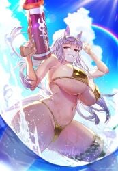 1girl animal_ears armpit_crease bikini blue_sky blush breasts cleavage cloud cloudy_sky commentary_request day eyewear_on_head gold_bikini gold_ship_(umamusume) golden_week highres holding holding_water_gun horse_ears horse_girl large_breasts long_hair looking_at_viewer navel nazo_kitsune ocean partially_underwater_shot plump purple-tinted_eyewear purple_eyes sky smile solo stomach swimsuit thick_thighs thighs tinted_eyewear umamusume underboob wading water water_gun wet yellow-framed_eyewear