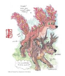 anal animal_genitalia animal_penis anthro aroused ball bodily_fluids bound canid canine canine_genitalia canine_penis canis cum cum_in_ass cum_inside cum_on_body cum_on_ground dialogue duo erection fennec_(artist) feral firewolf_(swapped) genital_fluids genitals grass humping knot knotted_penis knotting male male/male mammal multiple_orgasms ollie_(swapped) on_grass on_ground orgasm painting_(artwork) penis plant skydance_animation species_transformation speech_bubble surprised swapped_(movie) text touch_grass traditional_media_(artwork) transformation transformaton tree_wolf watercolor_(artwork) wolf