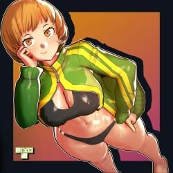 3d atlus biyo blush brown_hair cleavage jacket large_breasts persona persona_4 satonaka_chie short_hair sports_bra sweat sweaty thick_thighs tomboy