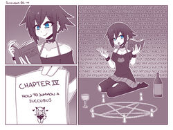 1girls blue_eyes bottle choker clothing comic english_text female female_only inksgirls miniskirt monochrome page_1 pentagram skirt solo solo_female summoning_circle torn_legwear