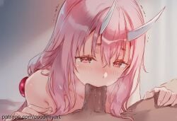1boy 1girl 2026 ai_generated blush cocomiyart collarbone completely_nude dark-skinned_male dark_skin fellatio hair_between_eyes hair_bobbles hair_ornament hetero highres horns long_hair nsfw nude oni oral penis pink_eyes pink_hair pov red_eyes shuna_(tensei_shitara_slime_datta_ken) solo_focus tensei_shitara_slime_datta_ken uncensored white_horns