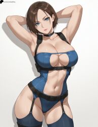 1girl 1girls ai_generated armpits arms_behind_head belt black_choker blue_eyes breasts brown_hair choker closed_mouth collarbone garter_straps hi_res high_quality high_resolution highres holster jill_valentine large_breasts light lips looking_at_viewer midriff navel nose opal_nemy patreon_logo patreon_url patreon_username plain_background resident_evil resident_evil_3 self_upload serious shadow shiny shiny_clothes shiny_hair shiny_skin short_hair simple_background solo standing thick_thighs thighs watermark white_background