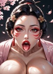 ai_generated asian_female big_breasts black_hair brown_eyes cherry_blossoms cleavage close-up close_up_view drooling facepaint geisha geisha_hair geisha_ornament hair_bun japanese_clothes japanese_female kimono looking_at_viewer moonchild41 open_mouth original_character plump_lips pov red_lipstick saliva_drip shizuka_kazama tongue_out