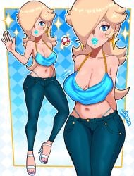 1girls wiluma big_breasts big_lips bimbo bimbo_lips blonde_hair blue_eyes blue_lips blue_lipstick breasts ear_piercing earrings hair hair_over_one_eye half-closed_eyes hips lips lipstick long_hair mario_(series) nintendo parted_lips plump_lips princess_rosalina smile star_earrings sparkles arms_behind_back thick_lips speech_bubble mushroom purple_toenails purple_toenail_polish toenail_polish toenails high_heels heels footwear full_body closed_eyes motion_lines alternate_version_available solo solo_female female female_only crop_top topwear bottomwear blue_thong thong blue_pants pants jeans
