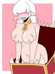 mimic_chest waifu white_hair bangs_over_eyes big_breasts hole_in_wall