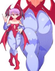 1girl animal_print ass ass_focus bare_shoulders bat_print bat_wings boots closed_mouth collarbone commentary darkstalkers demon_girl english_commentary from_behind full_body hand_on_own_hip hand_up head_wings highres inkerton-kun leotard lilith_(darkstalkers) looking_to_the_side lower_body multiple_views pantyhose print_pantyhose purple_hair red_eyes red_leotard red_wings short_hair simple_background smile strapless strapless_leotard wedgie white_background wings