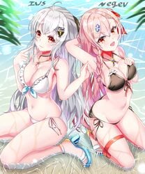 absurdres armpits ass beach bikini black_bikini breasts choker cleavage frilled_panties frills from_above girls'_frontline hair_ornament hair_ribbon hairclip hands_up highres iws-2000_(girls_frontline) jewelry kneeling large_breasts leaf multiple_girls negev_(girls_frontline) pink_hair red_eyes ribbon shoes silver_hair sitting sunlight tia_(4017342) water wet