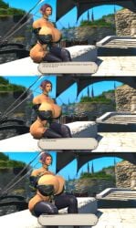 1girls 3d amicea bikini_armor breast_expansion breasts breasts_bigger_than_head bursting_breasts cleavage cleavage_overflow crossed_legs elezen elf elf_ears elf_female expansion expansion_sequence female female_only final_fantasy final_fantasy_xiv gpose_(ffxiv) growth growth_sequence hips huge_breasts light_skin massive_breasts necklace orange_eyes outdoors purple_hair self_upload text_box wink winking_at_viewer