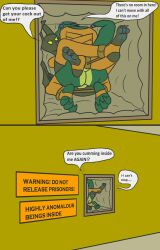 accidental_penetration ahuizotl alban_(trinitite) ankle_cuffs anthro bodily_fluids brown_body brown_fur cuff_(restraint) cum cum_inside dragon duo english_text female fur genital_fluids green_body hi_res male male/female mythological_creature mythological_scalie mythology padded_room prison_cell prisoner questionable_consent restraints scalie stirrup_legwear straitjacket text tory_(trinitite) trinitite