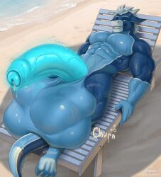 anthro balls balls_on_tail beach big_balls big_penis bodily_fluids cock_vore cum dragon expansion foreskin genital_expansion genital_fluids genital_growth genitals growth hi_res huge_balls huge_penis humanoid_genitalia humanoid_penis hyper hyper_balls hyper_genitalia hyper_penis leaking_cum lying male muscular mythological_creature mythological_scalie mythology nighdruth_(character) on_back penile penis scalie solo sweat tail thebestvore vore