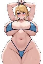 1girl ai_generated anime_style armpits arms_above_head bare_arms bare_midriff bare_shoulders best_quality big_breasts bikini blonde_hair blue_bikini blue_eyes blush boobs bound_arms breast_spillage cameltoe cel_shading censored cleavage clothing_taut_on_breasts collarbone cowboy_shot curvy deep_cleavage detailed_eyes detailed_face digital_art embarrassed enormous_breasts female female_only flushed front_view gigantic_breasts handcuffed handcuffs hands_up heavy_breasts hourglass_figure huge_breasts lollololli long_hair looking_at_viewer masterpiece mature_female metroid micro_bikini navel nipple_bulge nipple_outline oily_skin pale_skin partially_undressed pear-shaped_figure ponytail posing revealing_clothes samus_aran sexy shackled shiny_skin sideboob simple_background skimpy_swimwear soft_shading solo specular_highlights standing stomach string_bikini sweat sweating swimwear thick_thighs underboob voluptuous water_drops wet_skin white_background wide_hips wrists_bound