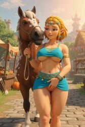 1girls 2026 3d abs ai_generated aistuffo athletic belly belly_button blonde_female blonde_hair blush blushed_face breasts clothing earrings elf_ears female green_eyes hips horse legs miniskirt outside princess_zelda pulling_clothing pussy revealing_clothes skimpy standing tears_of_the_kingdom the_legend_of_zelda thighs tiara underboob vagina village waist zelda_(tears_of_the_kingdom)