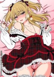 nagano_rira original portrait very_high_resolution username twitter_username cowboy_shot japanese_text 1boy androgynous crossdressing femboy feminine_male girly male male_only male_focus solo solo_male indoors bed bed_sheet pillow lying lying_on_bed blonde_hair medium_hair twintails hairbow hair_ornament ears sidelocks earrings heart_earrings steam steamy steamy_breath wispy_bangs eyebrows_visible_through_hair red_eyes blush open_mouth lips tongue sweat sweatdrop collarbone lolita_fashion ring rings ring_(jewelry) frilled_sleeves long_sleeves dress striped_dress necklace heart_necklace unbuttoned unbuttoned_dress nipples inverted_nipples frilled_dress lace-trimmed_dress panties pink_panties underwear pink_underwear frilled_panties bow_panties bulge bulge_through_clothing ass_visible_through_thighs thighhighs frilled_thighhighs