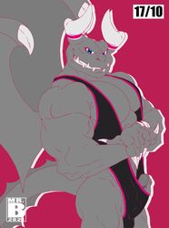 1boy absurd_res anthro biceps big_muscles black_mankini blue_eyes dragaux dragon erection genitals hi_res horn looking_at_viewer male mankini mrbrapion muscular nintendo pecs penis pink_mankini ring_fit_adventure scalie smile smirk solo solo_male video_games western_dragon wrestling_singlet