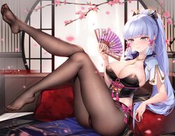 1girls absurd_res areolae ass bangs bed big_ass big_breasts big_butt black_legwear blue_eyes blue_hair blush breasts cleavage collar detailed_background fan feet feet_up flower genshin_impact hair_ornament hair_ribbon hi_res highres huge_ass huge_breasts kamisato_ayaka large_breasts long_hair looking_at_viewer melailai necklace pantyhose petals pillow ponytail ribbon see-through solo thick_thighs thighs tree