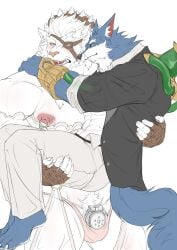 anthro being_held blush canid canine canis carrying_another chastity_cage chastity_device claws crossdressing_male digit_ring engagement_ring eye_patch eyewear feet felid hi_res jewelry league_of_legends leoles lion love loving_gaze male male/male mammal nipple_piercing nipple_ring nipples pantherine piercing rengar_(lol) ring_piercing riot_games tencent warwick_(lol) wolf yellow_eyes