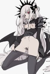 a_bao_a_qu_the_lightless_shadow amboynav2 bar_censor bed bottomless exposed_breasts expressionless huge_areolae kneeling kneeling_on_bed nipples no_panties pantyhose_down perky_breasts pussy small_breasts yu-gi-oh!