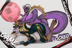 anthro bad_end big_breasts black_body breasts desidia_esuries doggystyle dragon female from_behind_position game_over gameplay_mechanics green_eyes gynomorph hi_res horn huge_breasts impregnation intersex intersex/female mythological_creature mythological_scalie mythology overweight purple_body ratcult13 scalie sex smile smirk tail